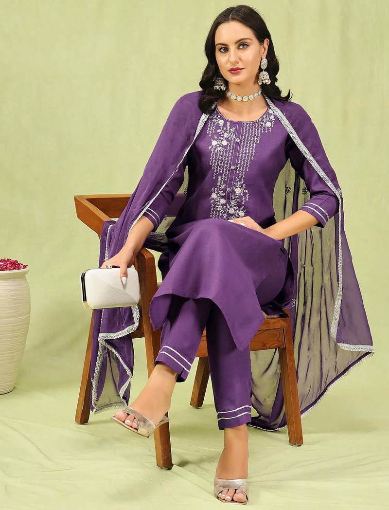 purple fancy blended cotton kurta set