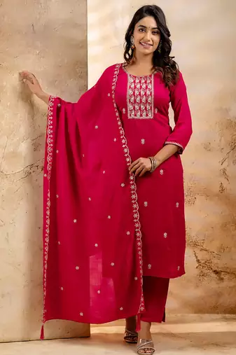 rani-pink fancy silk blend kurta set