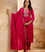 rani-pink fancy silk blend kurta set