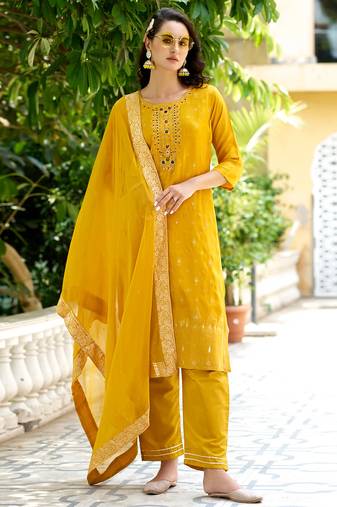 yellow fancy viscose rayon kurta set