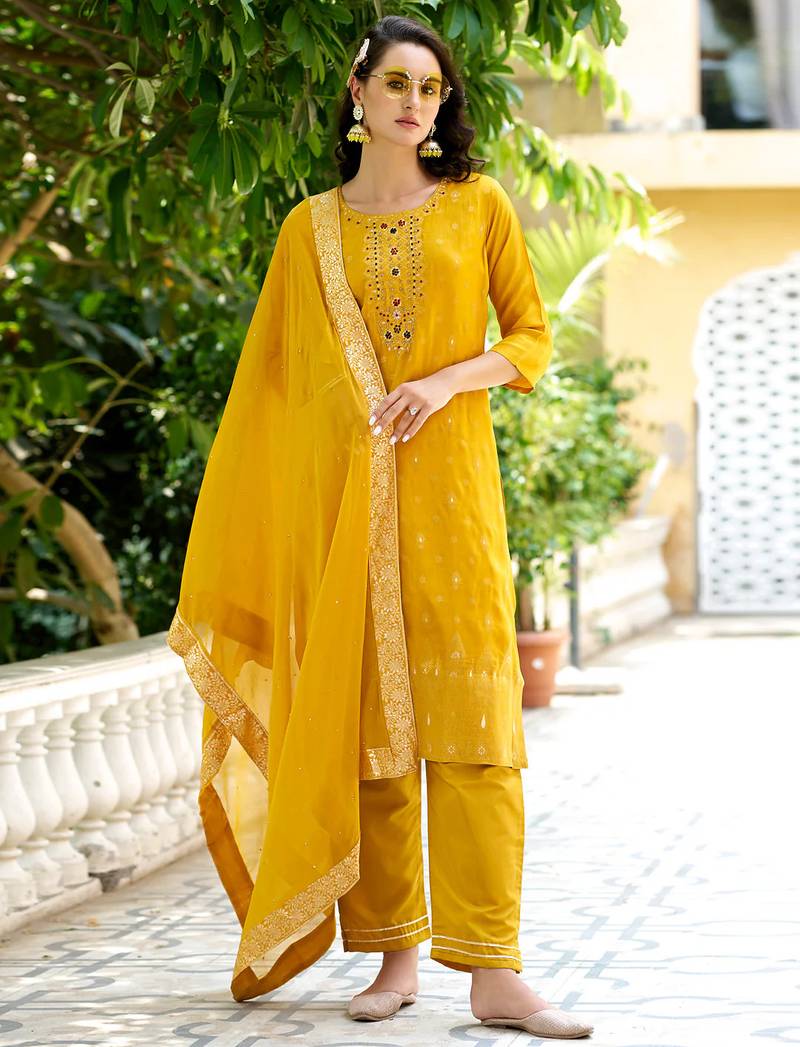 yellow fancy viscose rayon kurta set