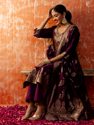 wine fancy cotton silk kurta set 3