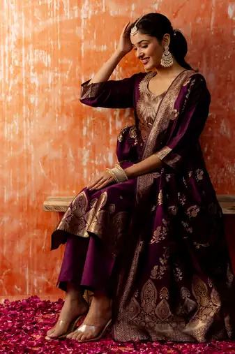 wine fancy cotton silk kurta set