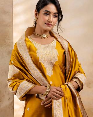 mustard fancy blended cotton kurta set 4
