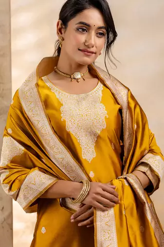 mustard fancy blended cotton kurta set