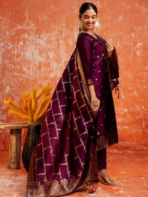 wine fancy cotton silk kurta set 3