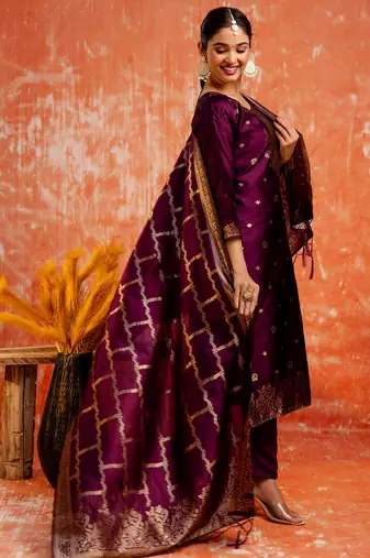 wine fancy cotton silk kurta set