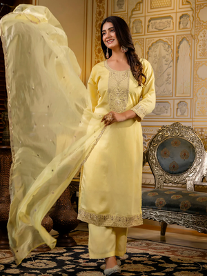 light-yellow fancy silk blend kurta set 2