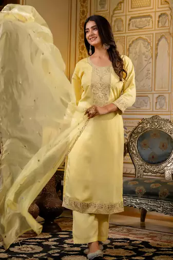 light-yellow fancy silk blend kurta set