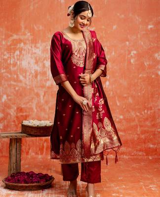 maroon fancy cotton silk kurta set 3