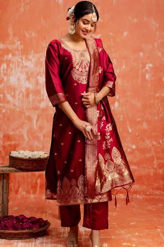 maroon fancy cotton silk kurta set
