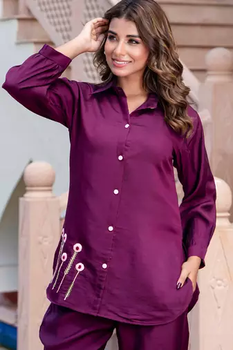 purple fancy silk blend kurta set