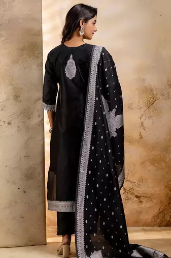 black fancy blended cotton kurta set