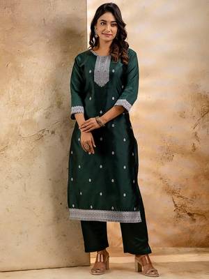 green fancy blended cotton kurta set 4
