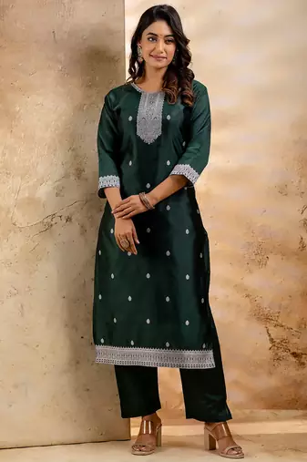 green fancy blended cotton kurta set
