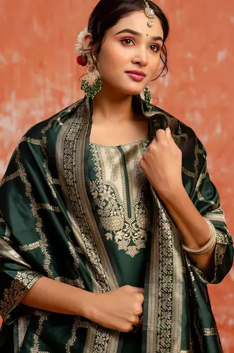 green fancy cotton silk kurta set