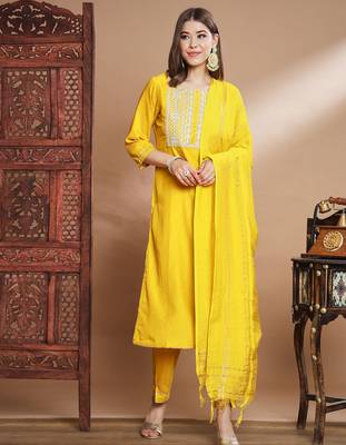 mustard fancy cotton silk kurta set 1