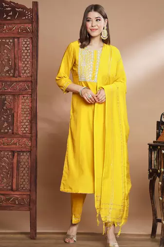 mustard fancy cotton silk kurta set