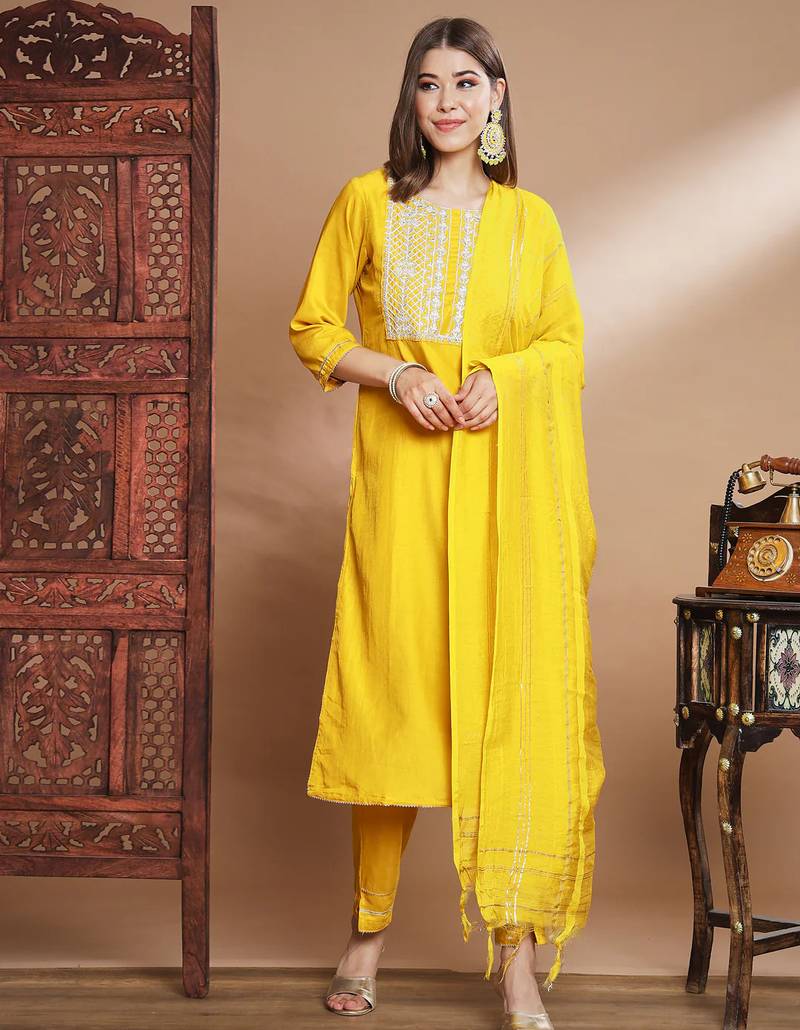 mustard fancy cotton silk kurta set