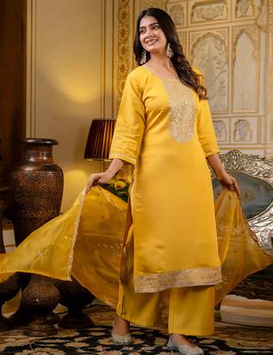 yellow fancy silk blend kurta set 3