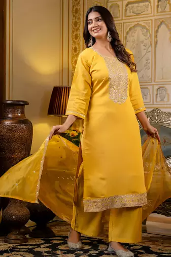 yellow fancy silk blend kurta set