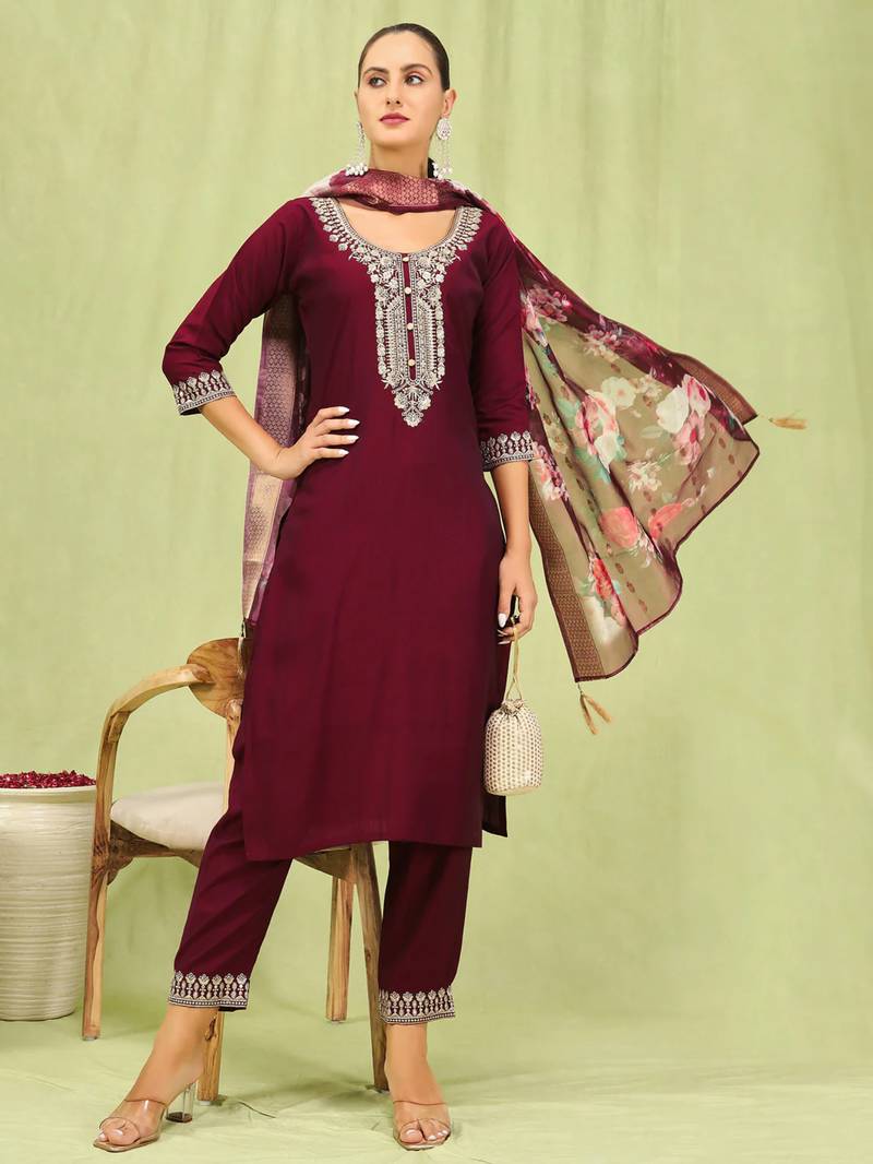 maroon fancy viscose kurta set