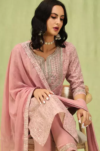 peach fancy chanderi kurta set