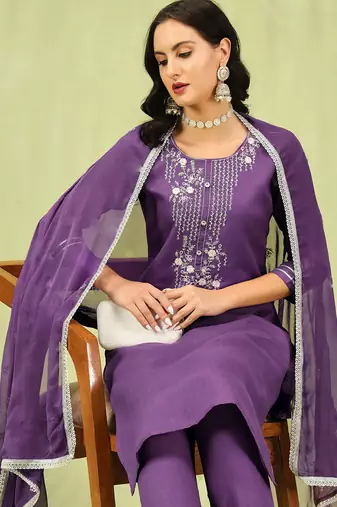purple fancy blended cotton kurta set