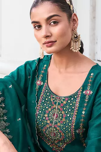 green fancy silk kurta set