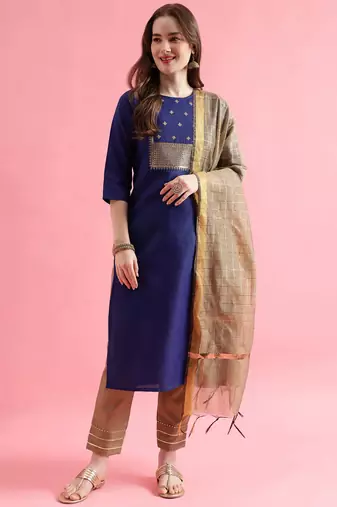 blue fancy cotton kurta set