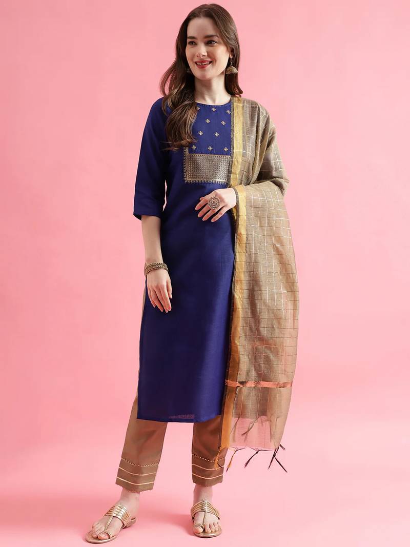 blue fancy cotton kurta set