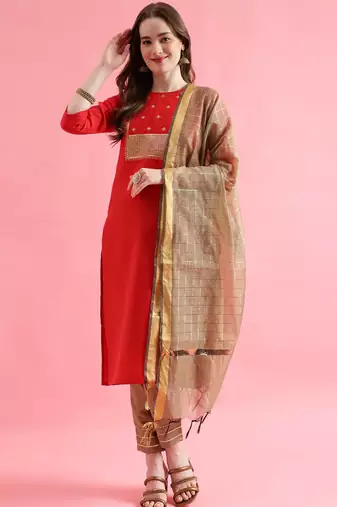 red fancy cotton kurta set