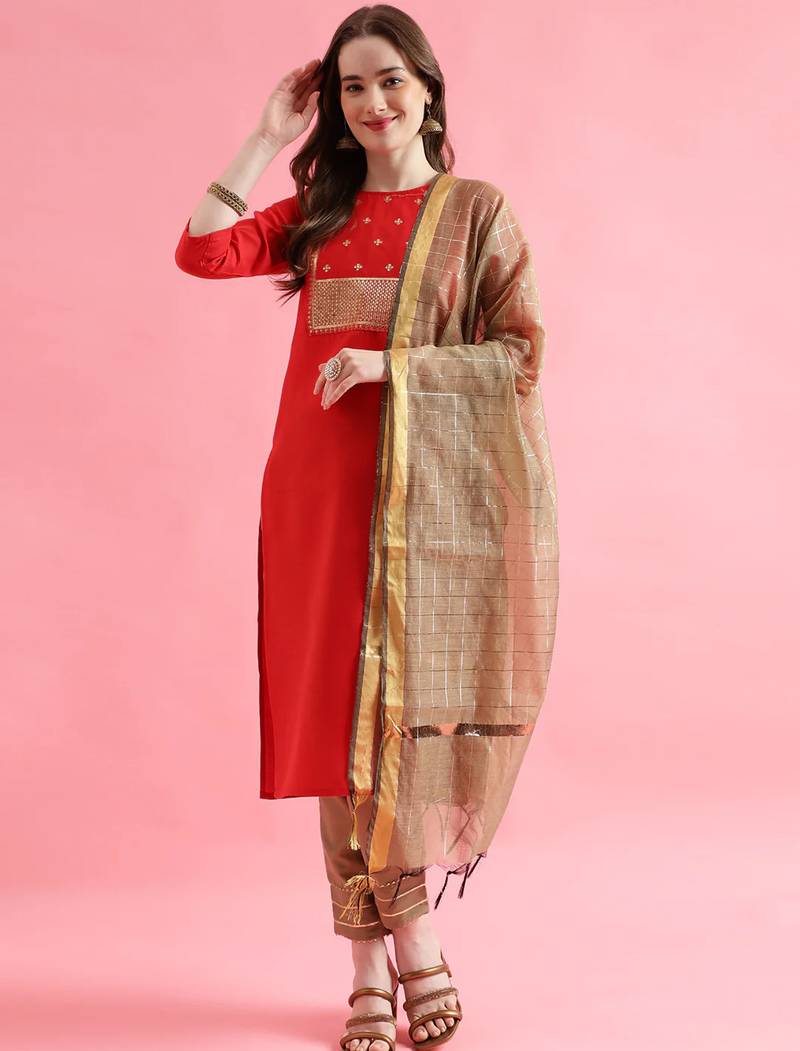 red fancy cotton kurta set