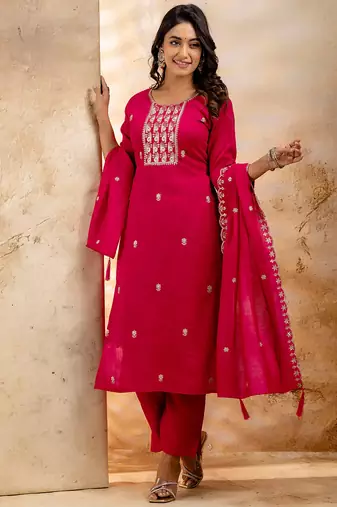 rani-pink fancy silk blend kurta set