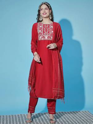 scarlet-red fancy cotton silk kurta set 1