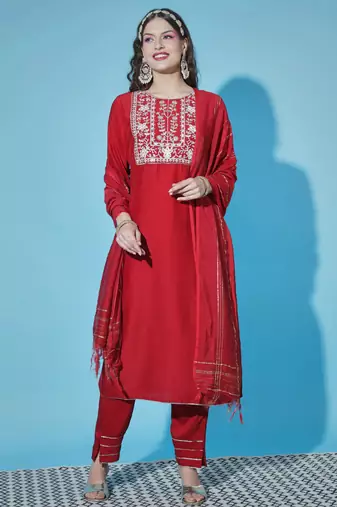 scarlet-red fancy cotton silk kurta set