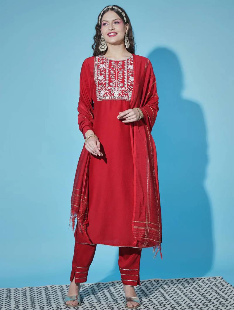 scarlet-red fancy cotton silk kurta set