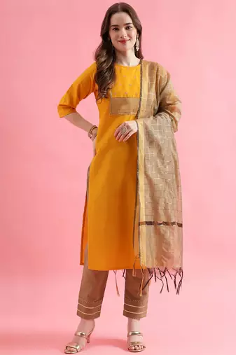 yellow fancy cotton kurta set