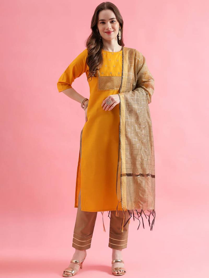 yellow fancy cotton kurta set