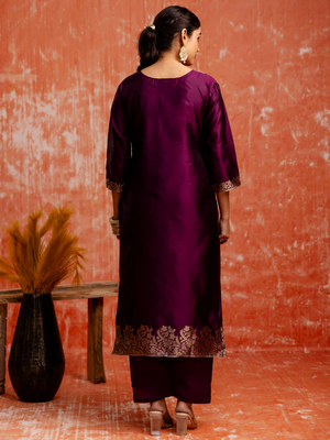 wine fancy cotton silk kurta set 4