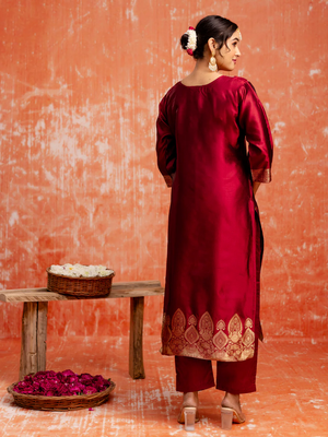 maroon fancy cotton silk kurta set 4