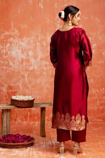 maroon fancy cotton silk kurta set