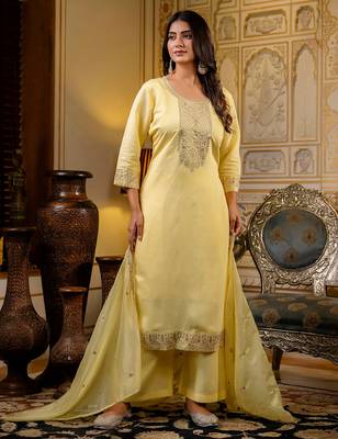 light-yellow fancy silk blend kurta set 3