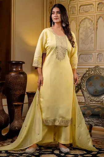 light-yellow fancy silk blend kurta set