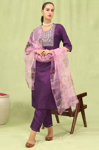 purple fancy silk blend kurta set