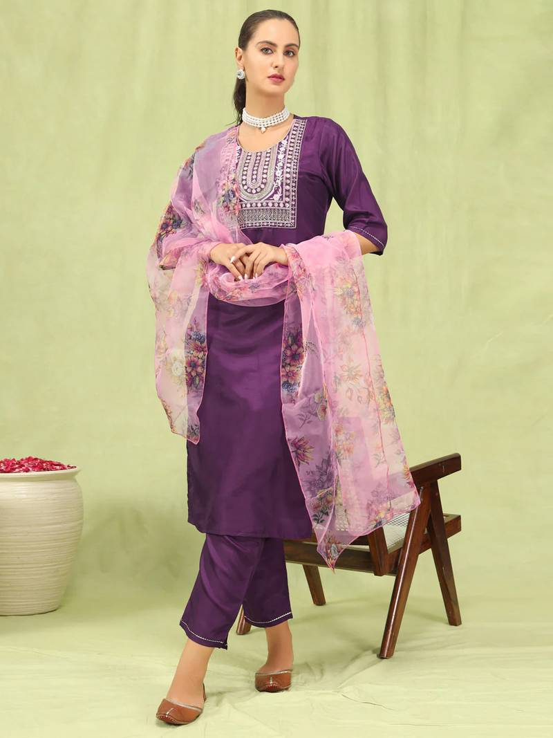 purple fancy silk blend kurta set