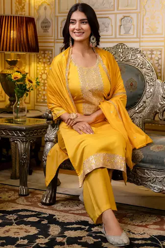 yellow fancy silk blend kurta set
