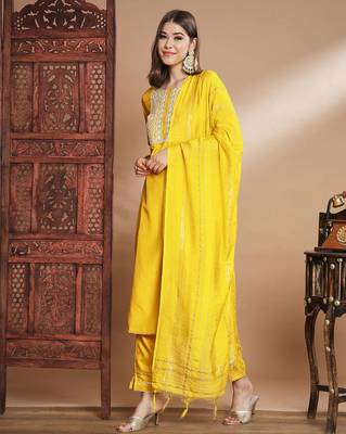 mustard fancy cotton silk kurta set 2