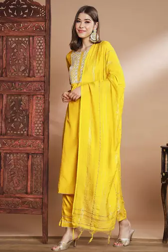 mustard fancy cotton silk kurta set