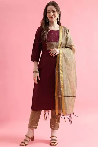 maroon fancy cotton kurta set